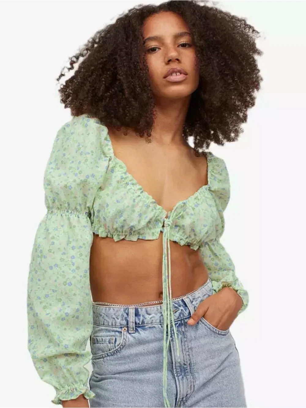 H&M Women’s Puff Sleeve Cottagecore Peplum Fairy Girlhoodcore Cropped Blouse S